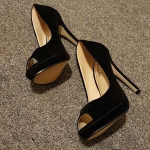 Black Suede Peep Toe Heels